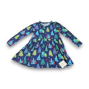 NWT Birdie Bean Dress Blue Holiday Christmas Tree Bamboo Viscose Girls 6